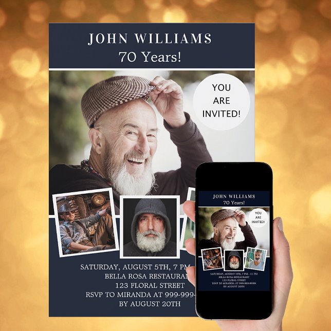 Convite Colagem de fotos azuis do marinho festa de anivers (Criador carregado)