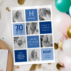 Convite Colagem de Fotos Azul para Aniversário de 70 anos