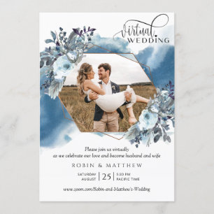 Convite Colagem de Fotos, Casamento Virtual Azul Geométric