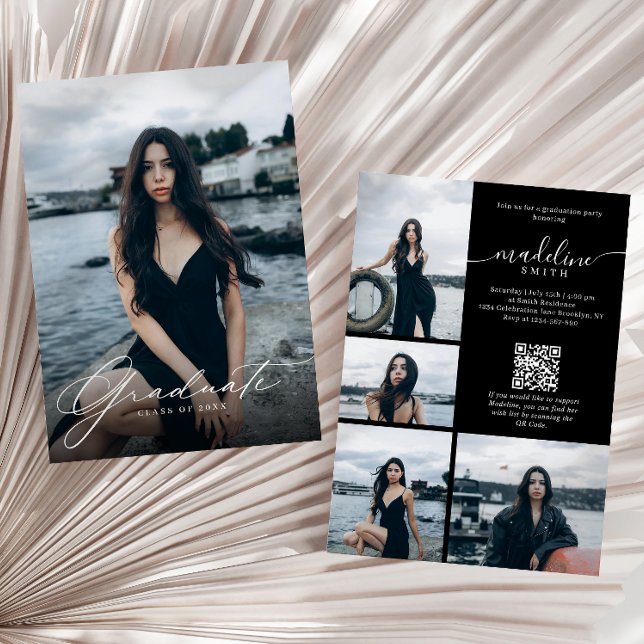 Convite Colagem de fotos código QR preto e branco Festa de (Criador carregado)
