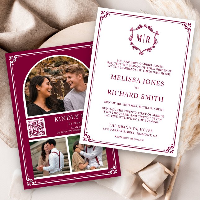 Convite Colagem de Fotos com Código QR Monograma Casamento (Criador carregado)