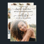 Convite Colagem de Fotos Confetti Dourada Branca Sweet 16<br><div class="desc">Este bonito e giro convite de colagem de 16 fotos de festa de aniversário é perfeito para a moça da moda e na moda. Ele apresenta o falso dourado esparso caindo o confete brilho no topo de um gradiente fotográfico ombre branco e grande com elegante grafismo cursivo manuscrito preto elegante....</div>