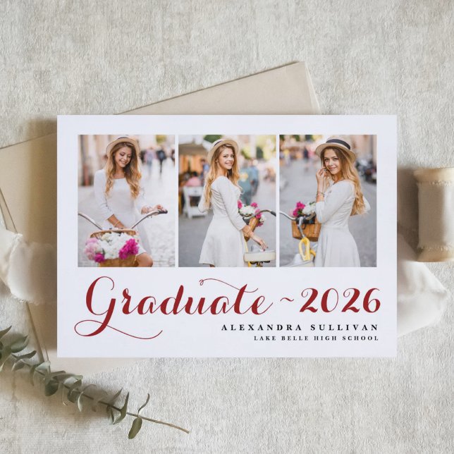 Convite Colagem de Fotos da Turma Vermelha de 2025 Formatu (Customizable photo collage graduation invitation featuring modern calligraphy. )
