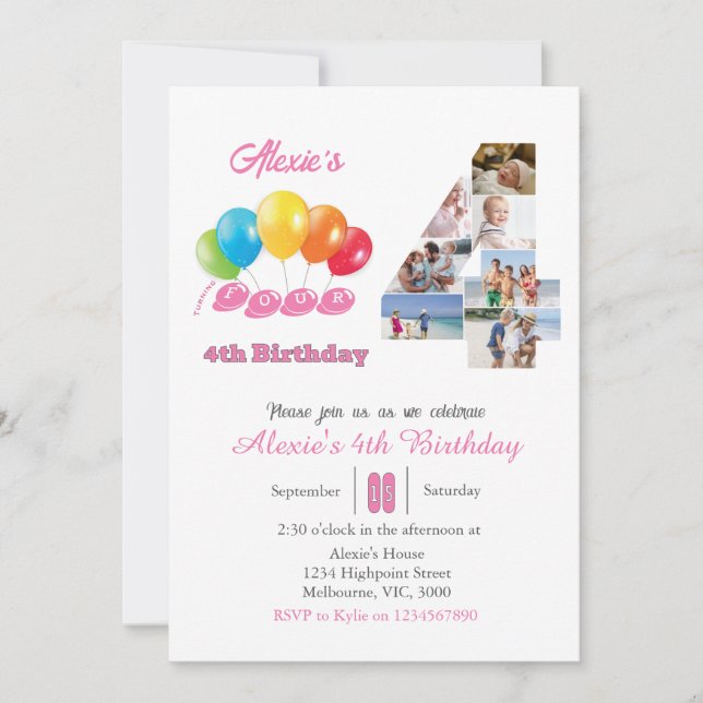 Convite Colagem de fotos de 4 anos número 4 Garota (Frente)