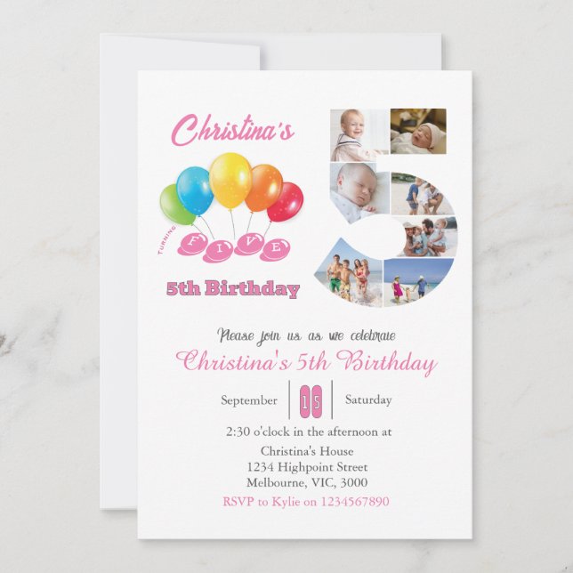 Convite Colagem de fotos de 5 número 5 Rapariga (Frente)