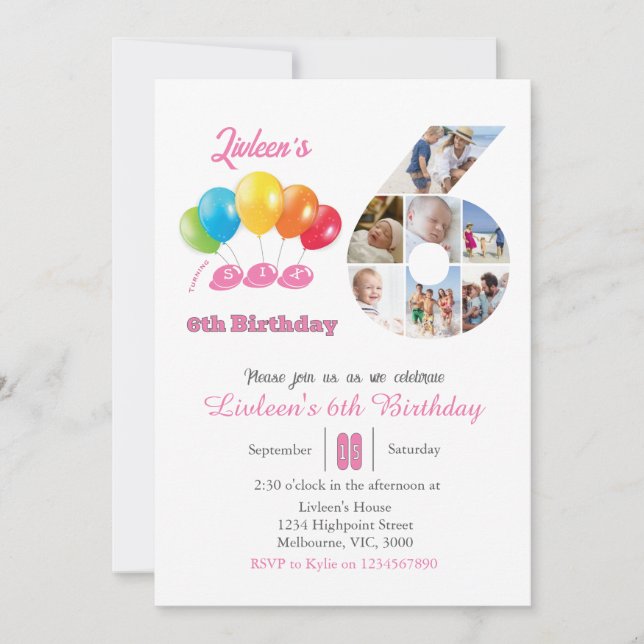 Convite Colagem de fotos de 6 número 6 Rapariga (Frente)