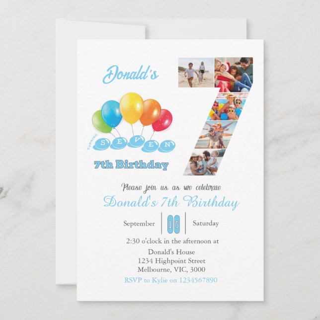 Convite Colagem de fotos de 7 de aniversário número 7 Boy (Frente)