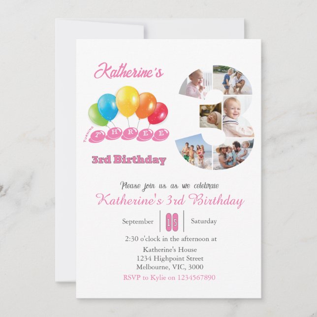 Convite Colagem de fotos de aniversário de 3 anos número 3 (Frente)
