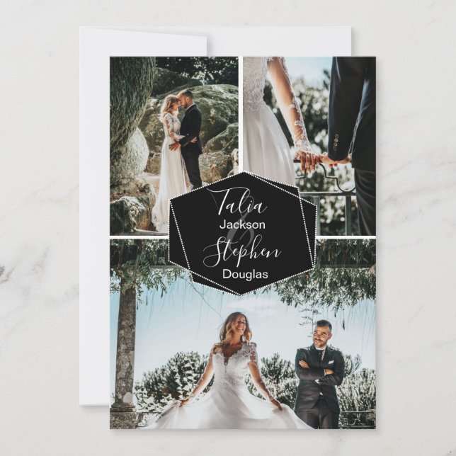 Convite Colagem de fotos de casamento simples e elegante e (Frente)