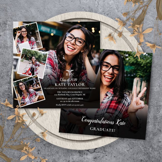 Convite Colagem de Fotos de Enfermagem Graduada Quadrada (RN Nursing Photo Collage Graduation Square Invitation)