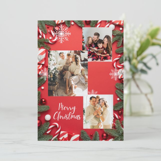 Convite Colagem de Fotos de Férias Festivas Vermelhas Feli (Em pé/Frente)