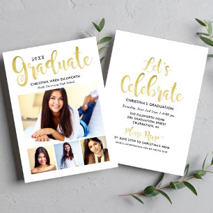Convite Colagem de Fotos de Formatura em Script Dourado Fe