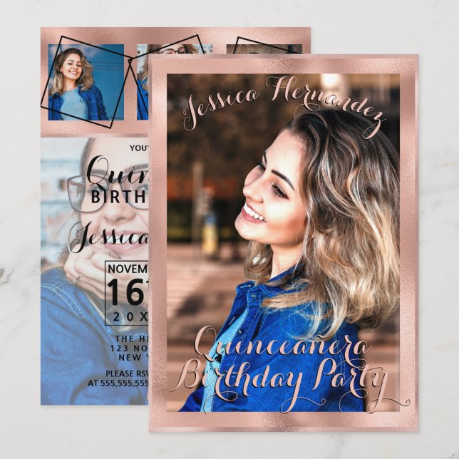 Convite Colagem de Fotos de Fronteira Dourada Girly Rosa Q (Frente/Verso)