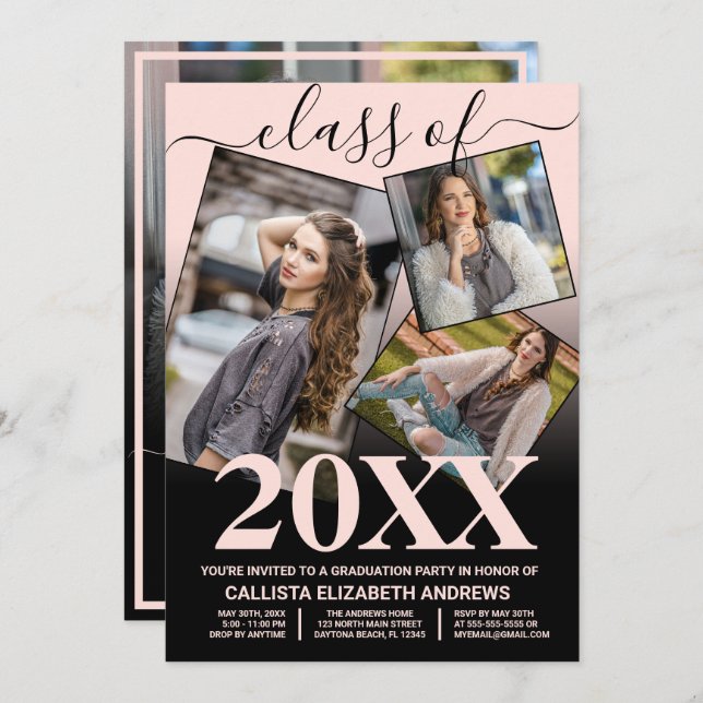 Convite Colagem de Fotos de Graduação de Mão Preta Simples (Frente/Verso)