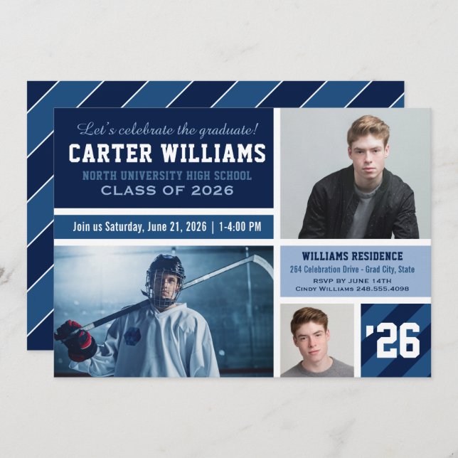 Convite Colagem de Fotos de Graduação em Striped Azul do M (Frente/Verso)