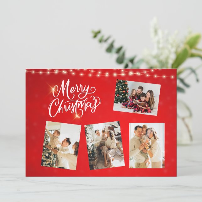 Convite Colagem de Fotos de Natal Mínima Vermelha Branca (Em pé/Frente)