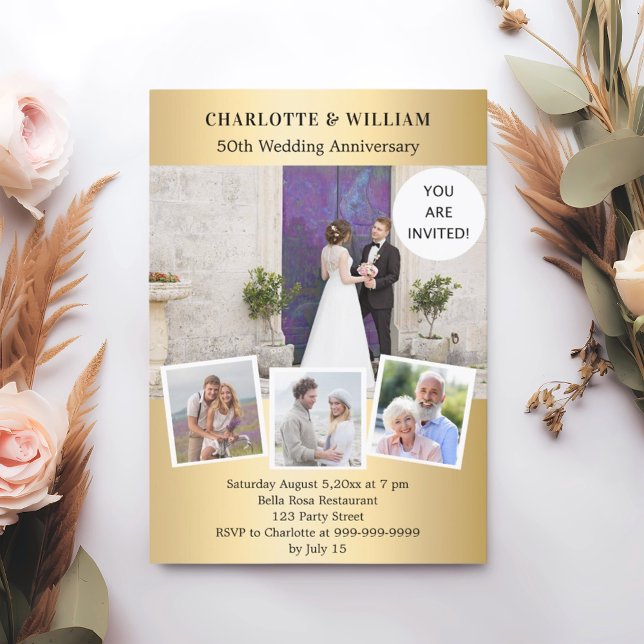 Convite Colagem de fotos de ouro do aniversário de 50 anos (Criador carregado)
