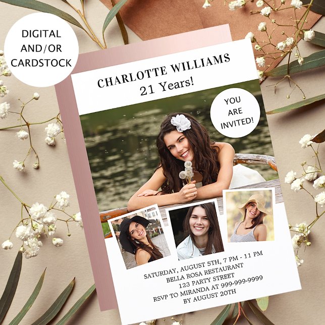 Convite Colagem de fotos de ouro rosa branco-festa de aniv (Criador carregado)