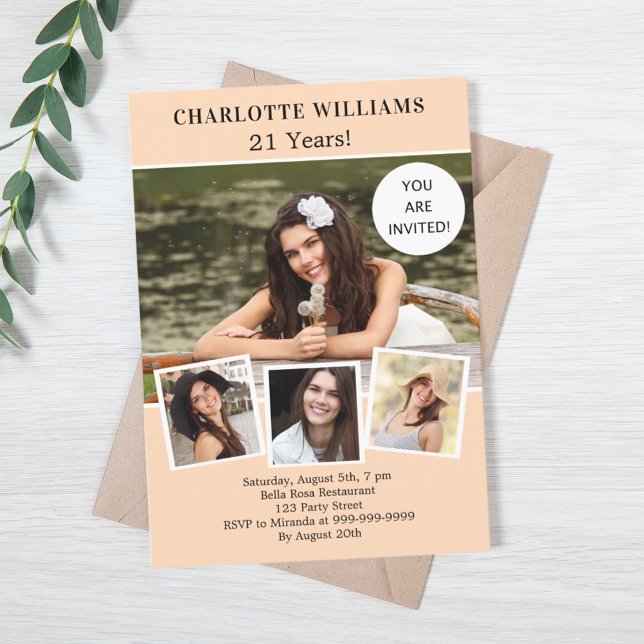 Convite Colagem de fotos de pêssego de festa de aniversári (Criador carregado)