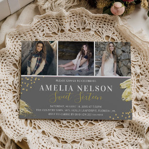 Convite Colagem de Fotos do Abstrato Dourado Doce 16 Anive