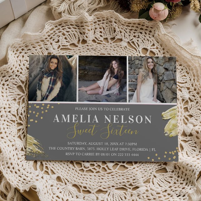 Convite Colagem de Fotos do Abstrato Dourado Doce 16 Anive (Criador carregado)