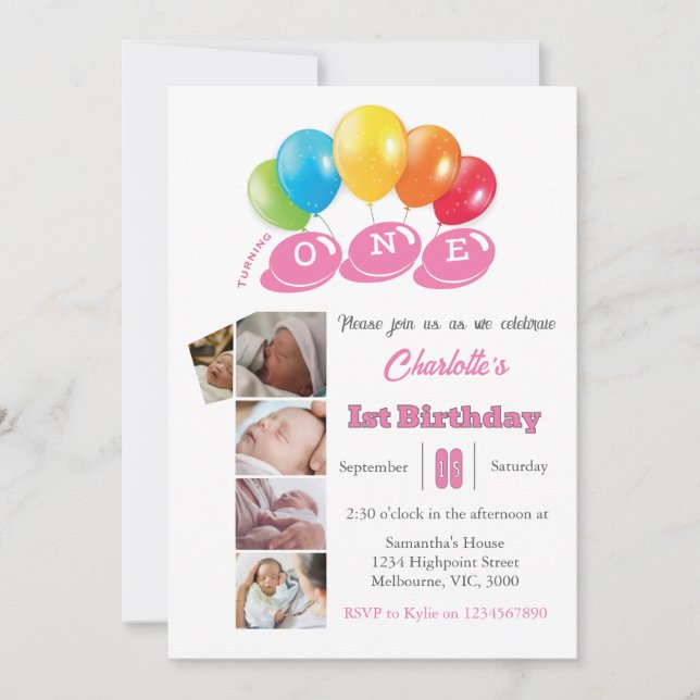 Convite Colagem de fotos do primeiro aniversario número 1  (Frente)