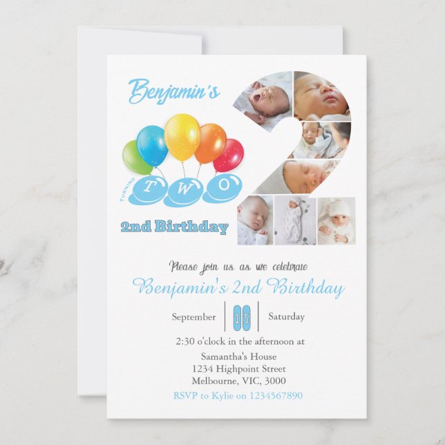 Convite Colagem de fotos do segundo aniversário número 2 M (Frente)
