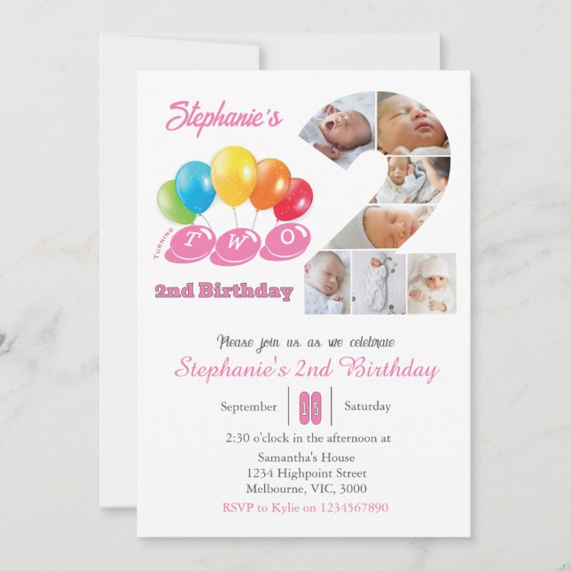 Convite Colagem de fotos do segundo aniversário número 2 R (Frente)