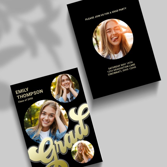 Convite Colagem de Fotos Dourada com Na moda Moderno do fo (Grad graduate gold typography photo card template. with a four-photo template. )