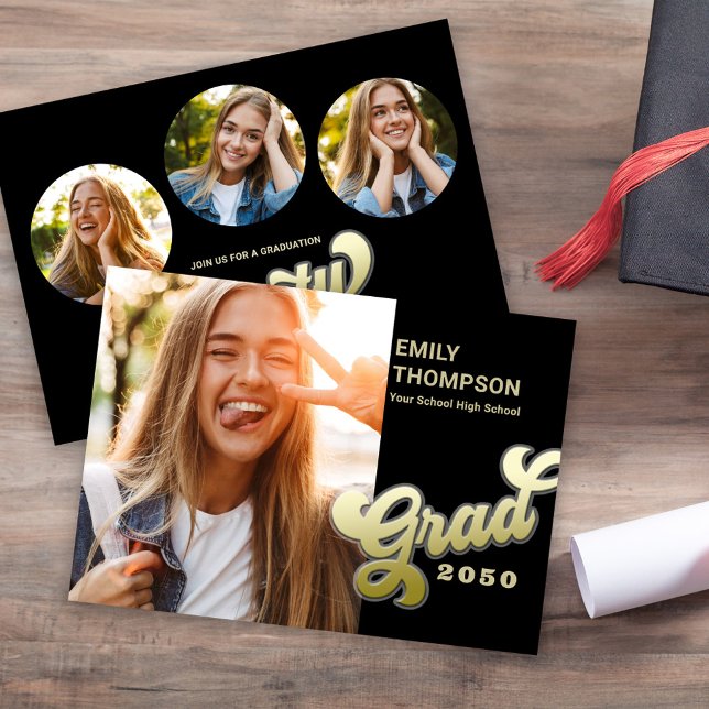 Convite Colagem de Fotos Dourada com Na moda Moderno do fo (Graduation Gold "grad" Retro typography script modern black and gold.)