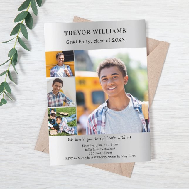 Convite Colagem de fotos em prata festa de formatura (Criador carregado)