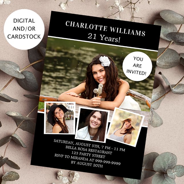 Convite Colagem de fotos em preto-e-festa de aniversário b (Criador carregado)