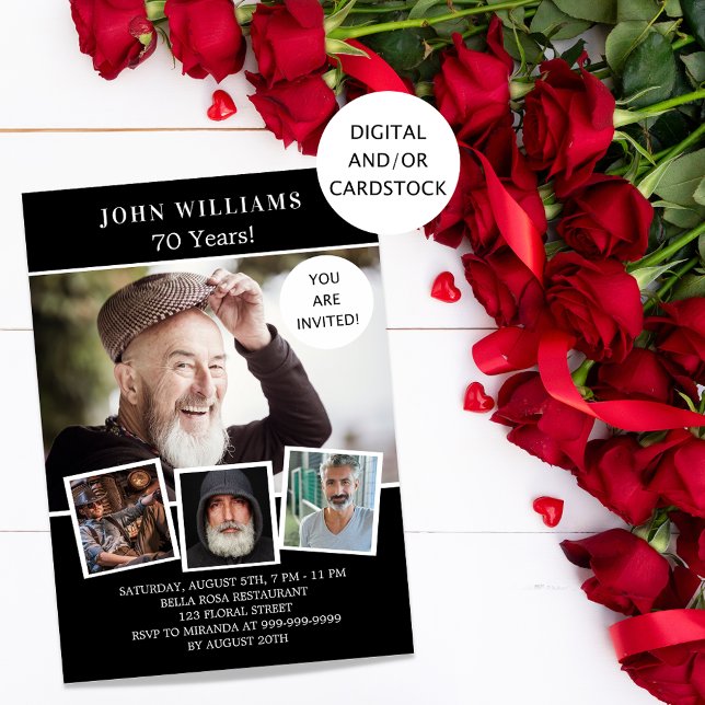 Convite Colagem de fotos em preto-e-festa de aniversário b (Criador carregado)