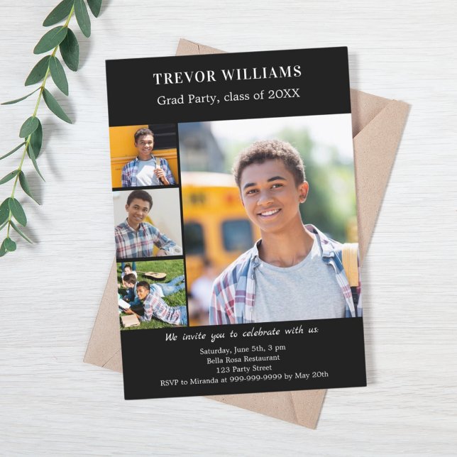 Convite Colagem de fotos em preto-e-festa de formatura bra (Criador carregado)