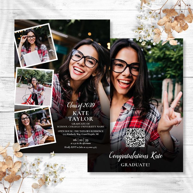 Convite Colagem de Fotos Festa de Formatura Moderna Código (Photo Collage Modern Graduation Party QR Code Invitation)
