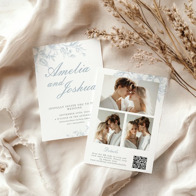 Convite Colagem de Fotos FloraL Francesa Elegante com códi (Criador carregado)