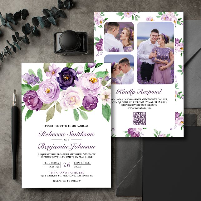 Convite Colagem de Fotos Floral Roxo Rústico Código QR Cas (Criador carregado)