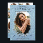 Convite Colagem de Fotos Halo Azul Claro Doce 16<br><div class="desc">Este bonito e giro convite de colagem de 16 fotos de festa de aniversário é perfeito para a moça da moda e na moda. Ele apresenta um halo de pincelada azul brilhante cintilante impresso em cima de uma grande foto de recurso e uma elegante tipografia cursiva escrita à mão. No...</div>