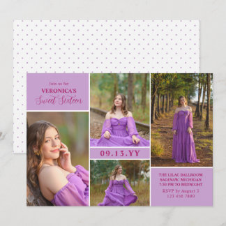 Convite Colagem de Fotos Minimalista Roxo Fúcsia Sweet Six