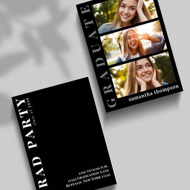 Convite Colagem de Fotos Moderna em Preto e Branco do form (Graduate black and white typography invitation with a three-photo collage template. )