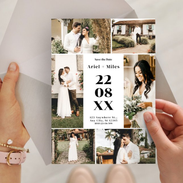 Convite Colagem de Fotos Moderna para Salvar a Data do Cas (Modern Photo Collage Save the Date Wedding Invitation, Custom Photo Wedding)