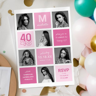 Convite Colagem de Fotos Moderno Rosa 40 Anos