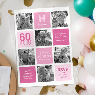 Convite Colagem de Fotos Moderno Rosa Aniversário de 60 an