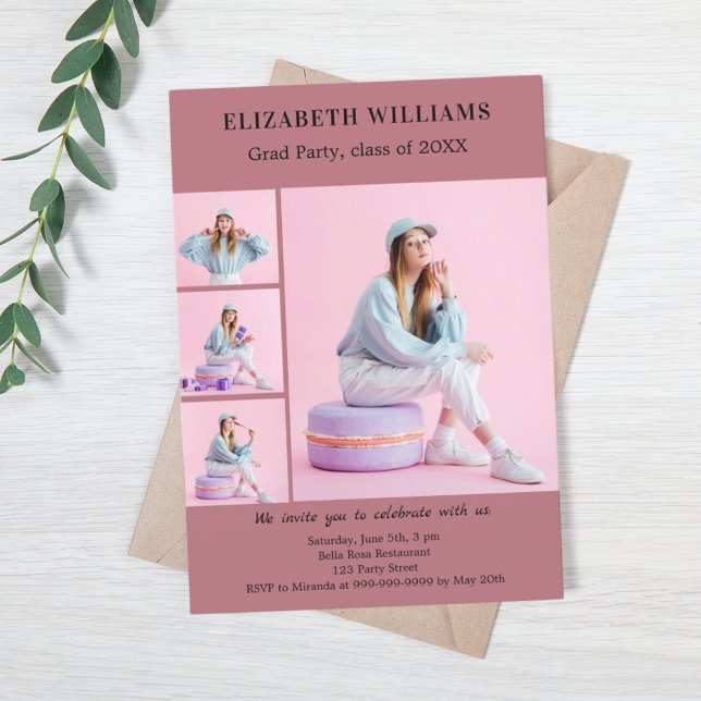 Convite Colagem de fotos ouro rosa de festa de formatura (Criador carregado)