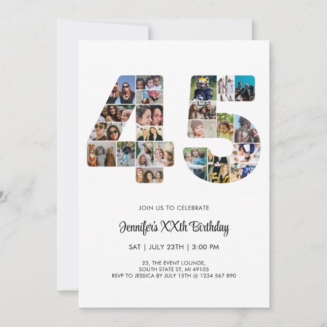 Convite Colagem de Fotos Personalizada do 45º aniversário  (Frente)