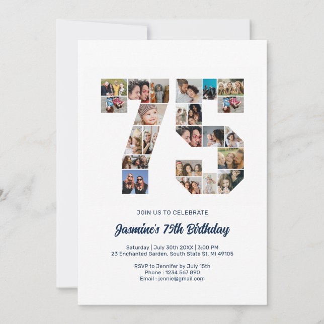 Convite Colagem de Fotos Personalizada do 75º aniversário  (Frente)