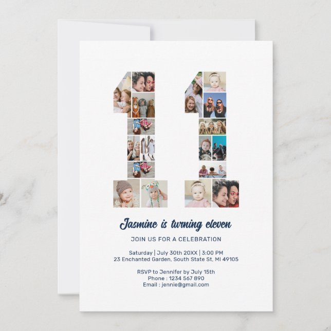 Convite Colagem de Fotos Personalizada do Número 11 de Ani (Frente)