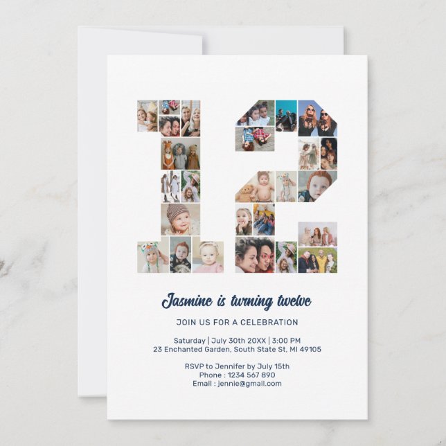 Convite Colagem de Fotos Personalizada do Número 12 de Ani (Frente)