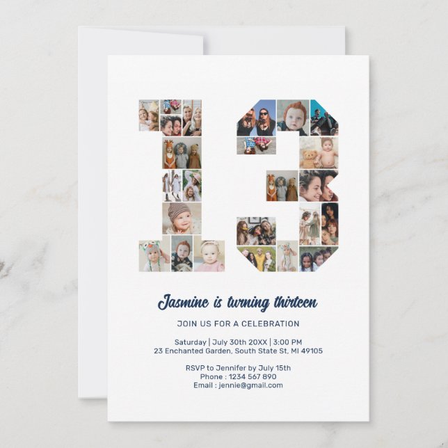 Convite Colagem de Fotos Personalizada do Número 13 de Ani (Frente)