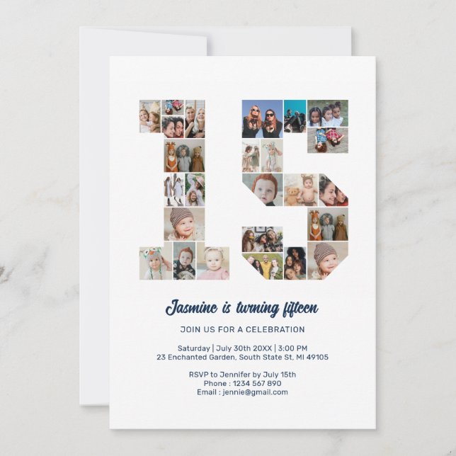 Convite Colagem de Fotos Personalizada do Número 15 de Ani (Frente)
